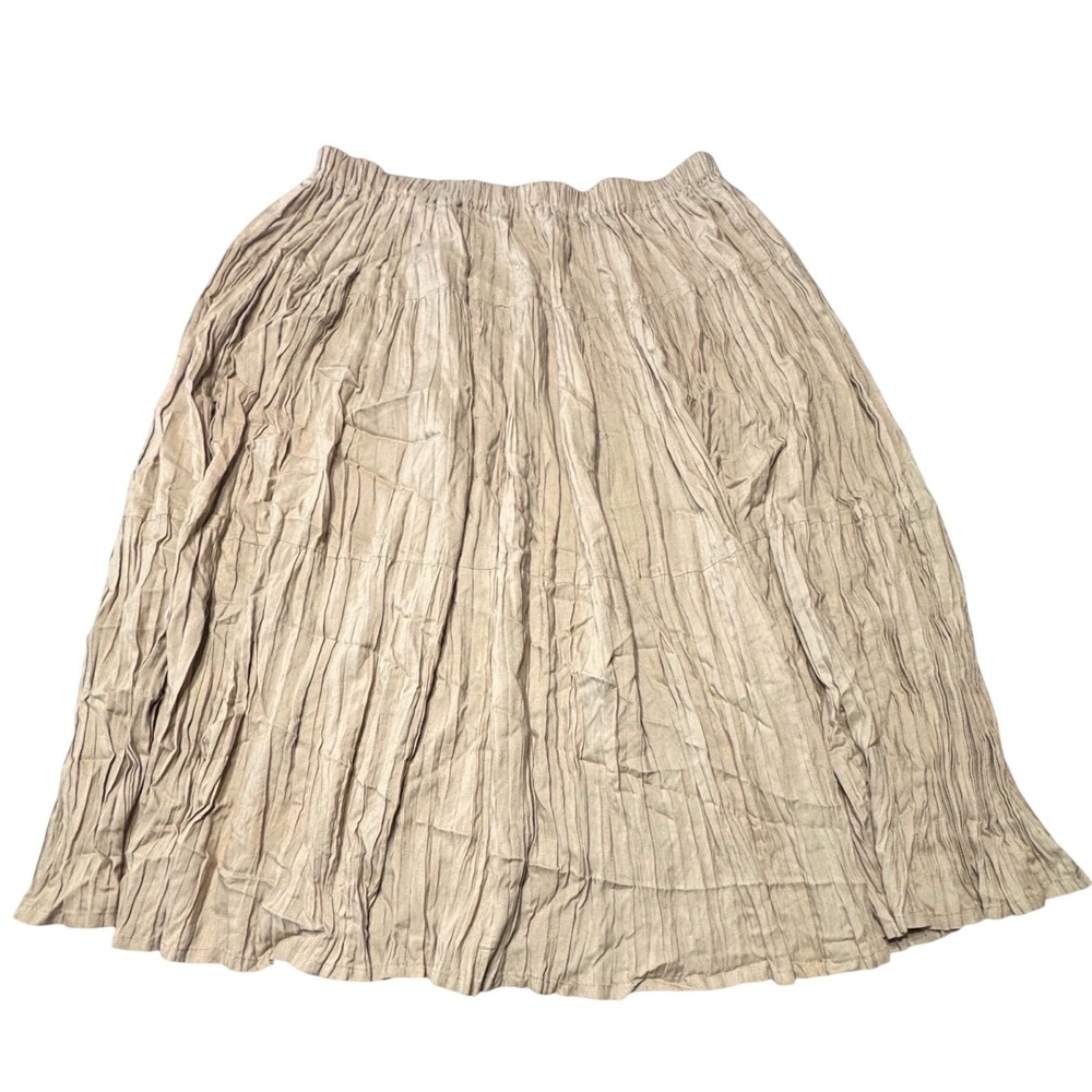 Vintage 100% Rayon Crinkle Tan Maxi Skirt XL Elastic Waist Boho Cottagecore Flow
